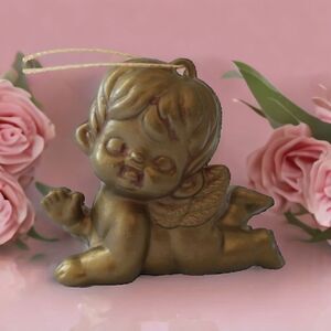 HOLT HOWARD Cherub Ornament Gold Angel Wings HH Hong Kong MCM Plastic Vtg Retro.